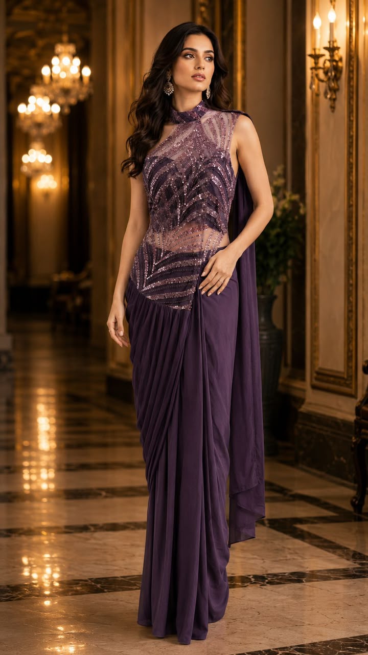 Purple Pure Imported Fendi Silk Ready to Wear Saree