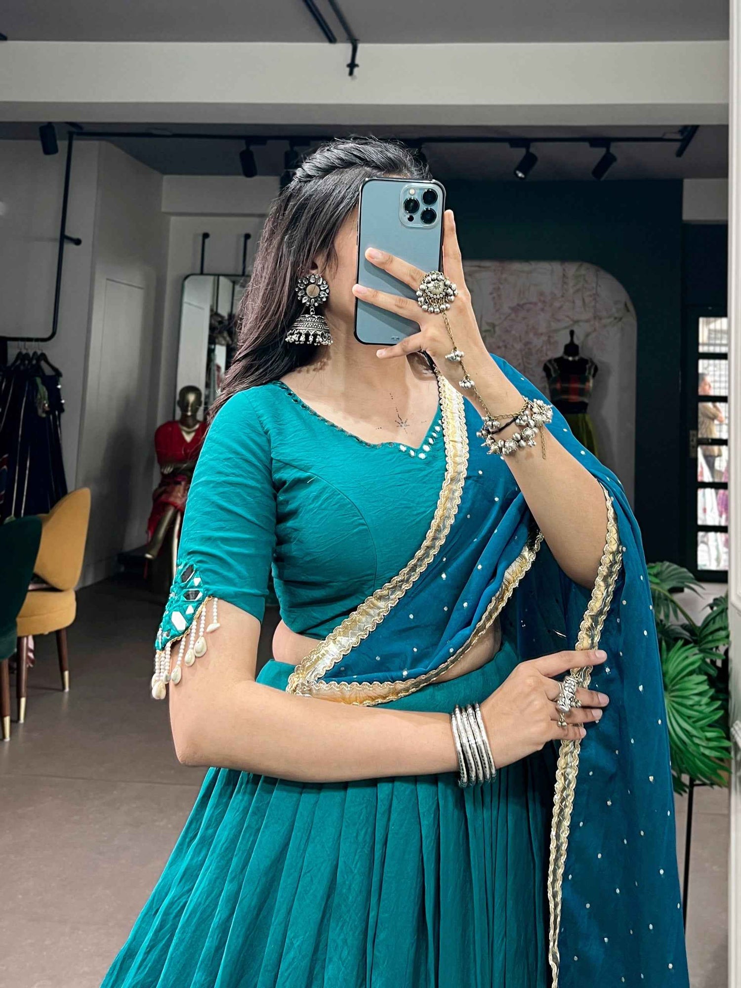 Sky Pure Chanderi Mirror &amp; Kodi Work Navratri Lehenga Choli