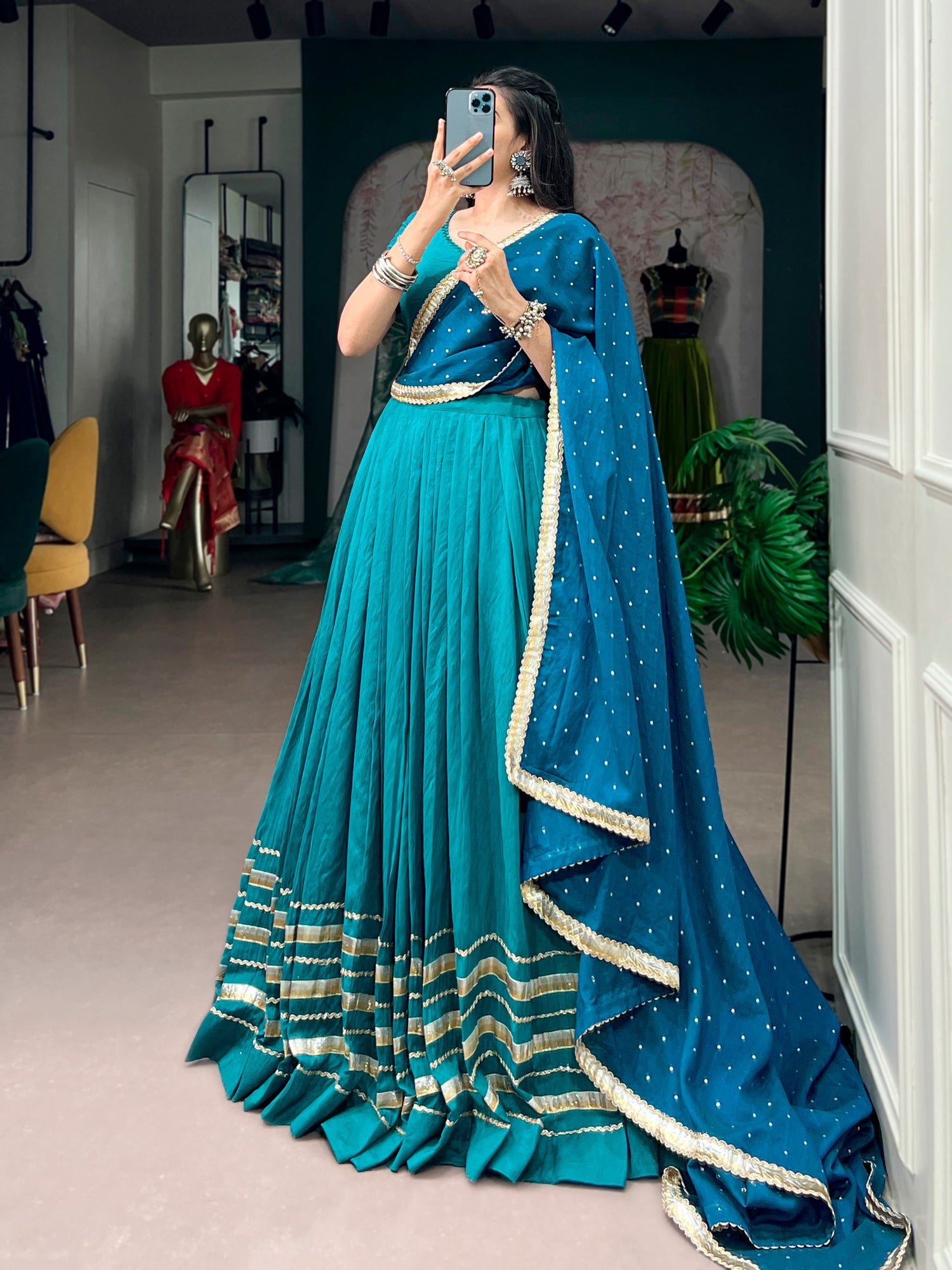 Sky Pure Chanderi Mirror &amp; Kodi Work Navratri Lehenga Choli