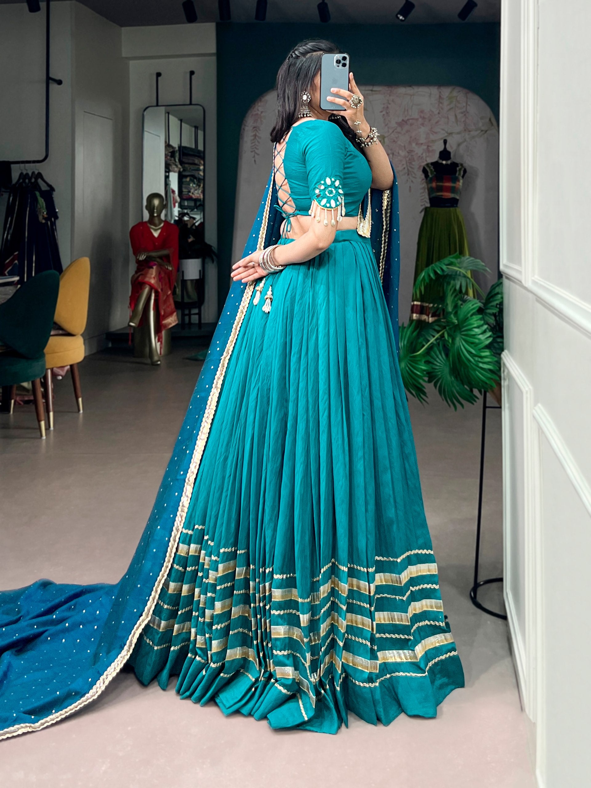 Sky Pure Chanderi Mirror &amp; Kodi Work Navratri Lehenga Choli
