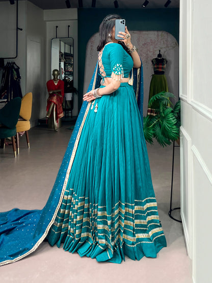 Sky Pure Chanderi Mirror &amp; Kodi Work Navratri Lehenga Choli