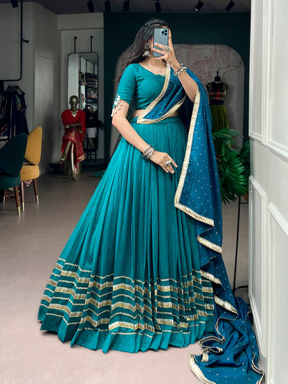 Sky Pure Chanderi Mirror &amp; Kodi Work Navratri Lehenga Choli