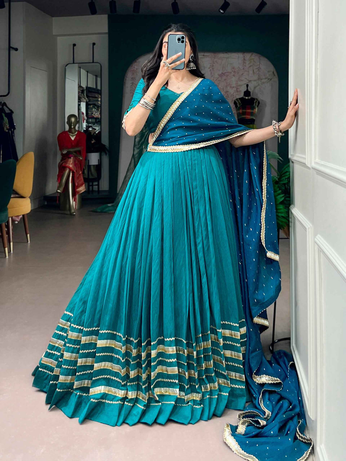 Sky Pure Chanderi Mirror &amp; Kodi Work Navratri Lehenga Choli