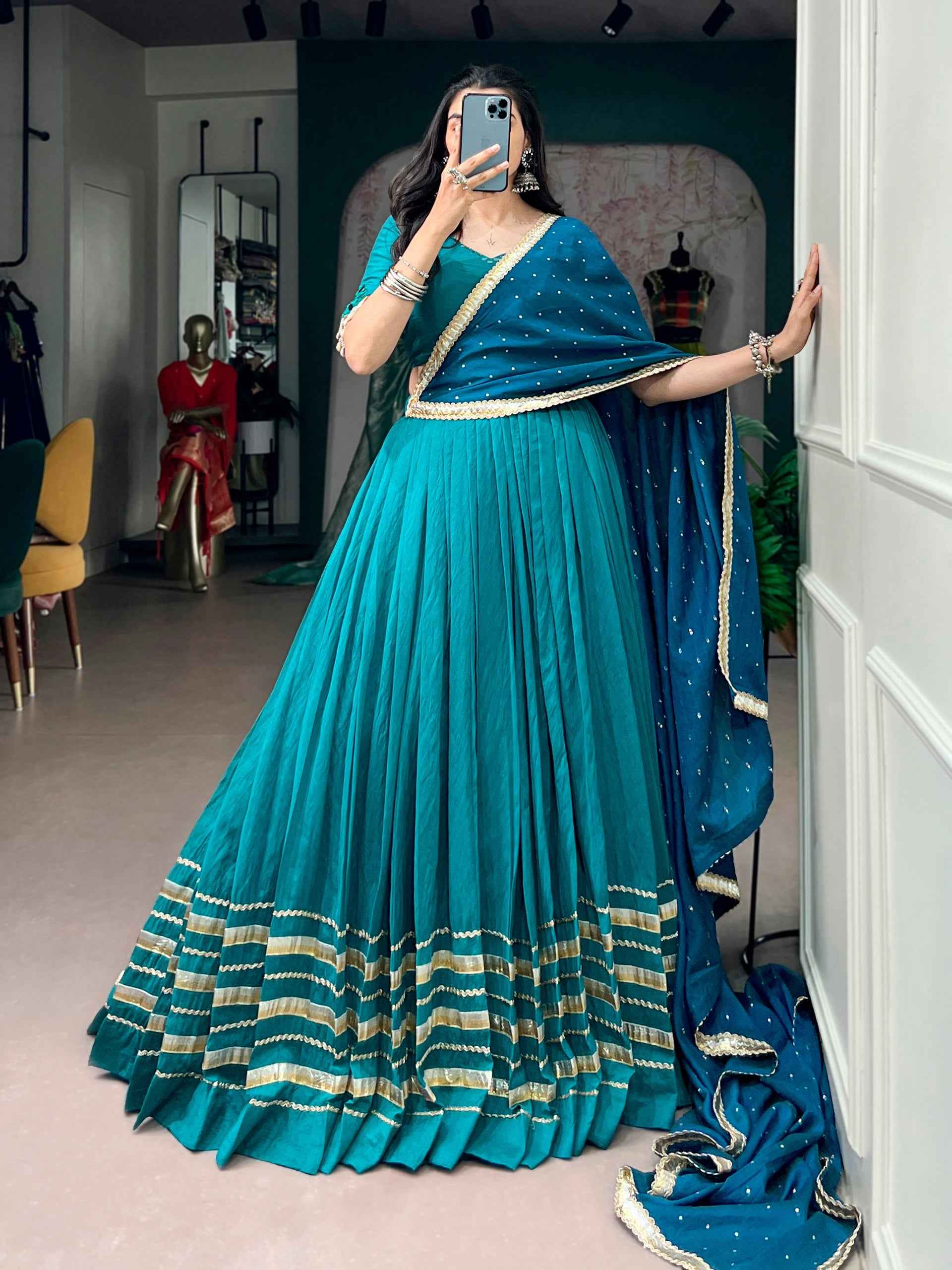 Sky Pure Chanderi Mirror &amp; Kodi Work Navratri Lehenga Choli