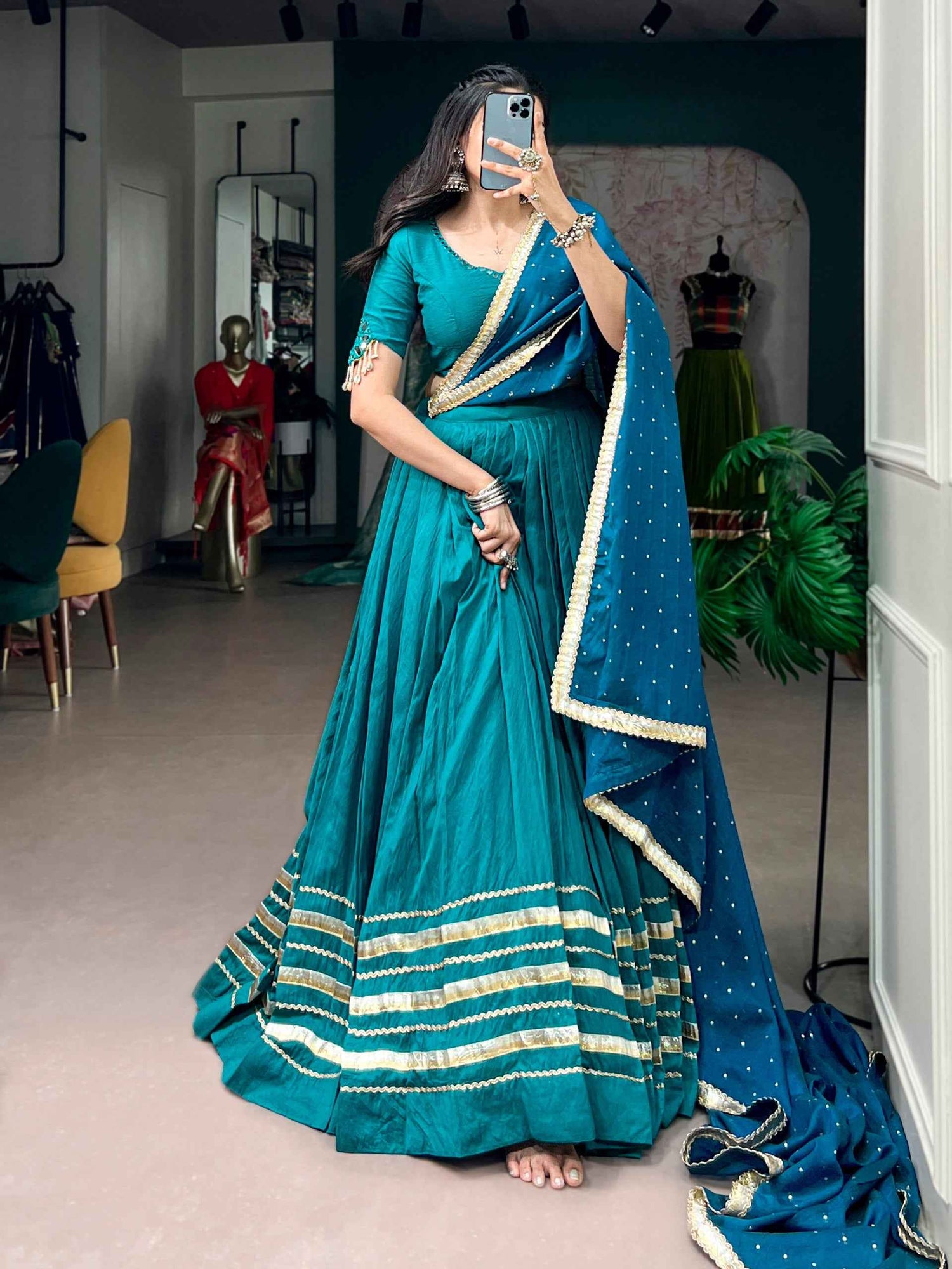 Sky Pure Chanderi Mirror &amp; Kodi Work Navratri Lehenga Choli