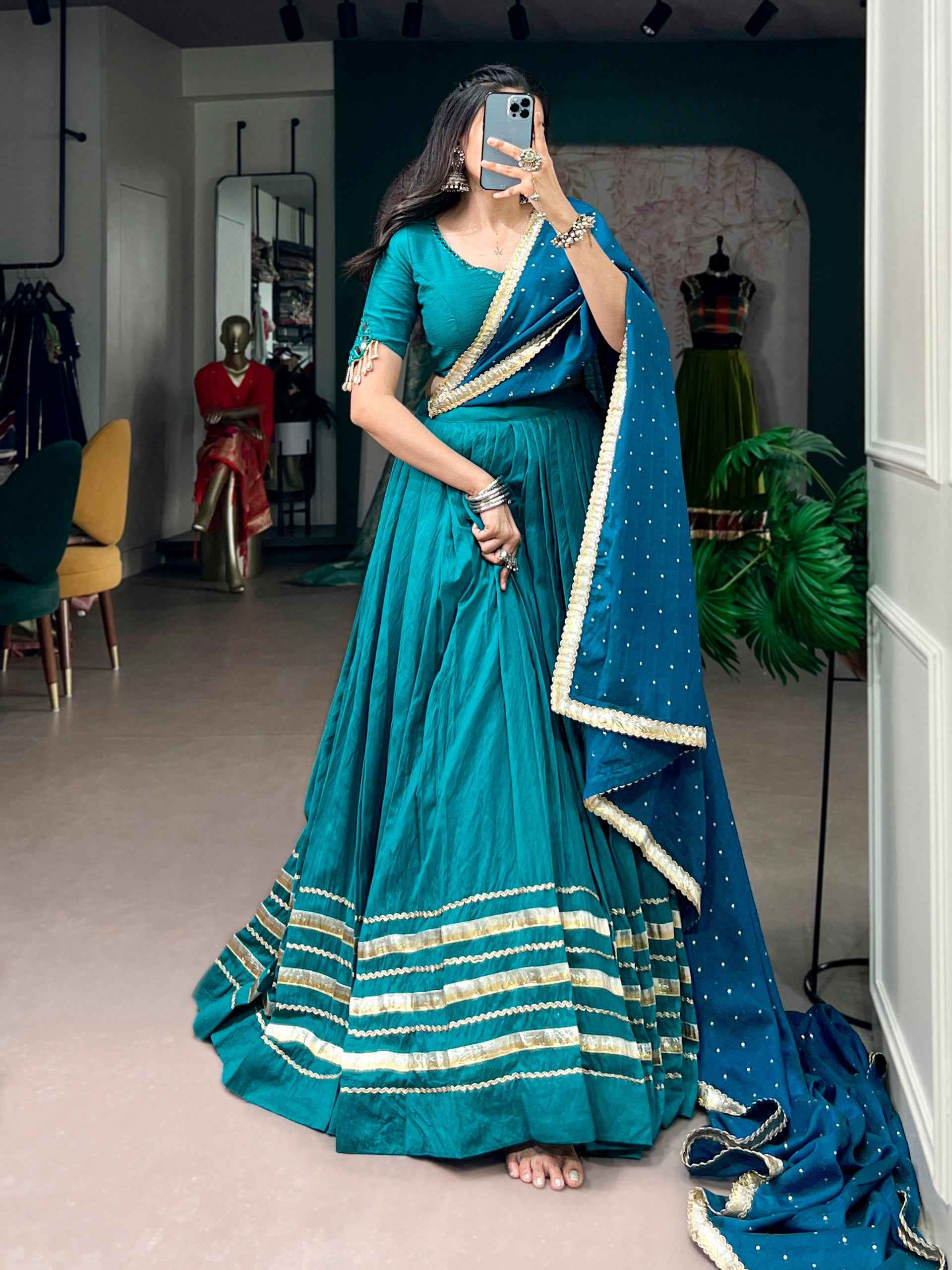 Sky Pure Chanderi Mirror &amp; Kodi Work Navratri Lehenga Choli