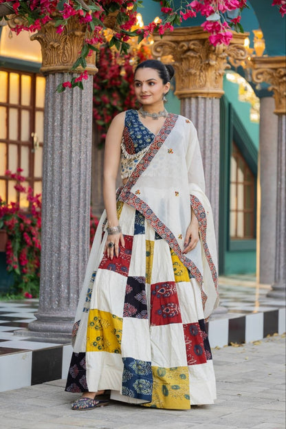 Multicolor Pure Cotton Ajrakh Natural Hand Block Printed Navratri Lehenga Choli