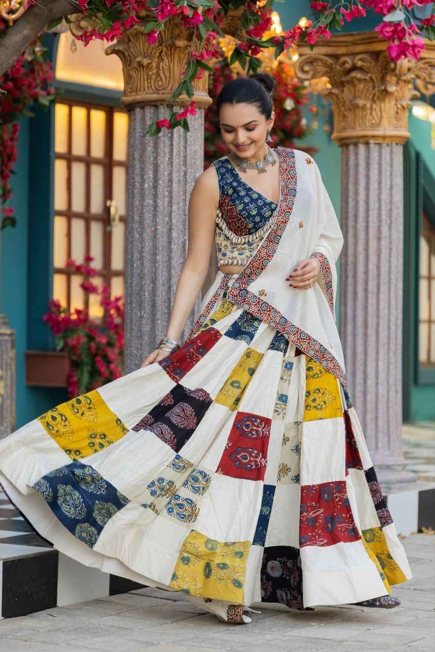 Multicolor Pure Cotton Ajrakh Natural Hand Block Printed Navratri Lehenga Choli
