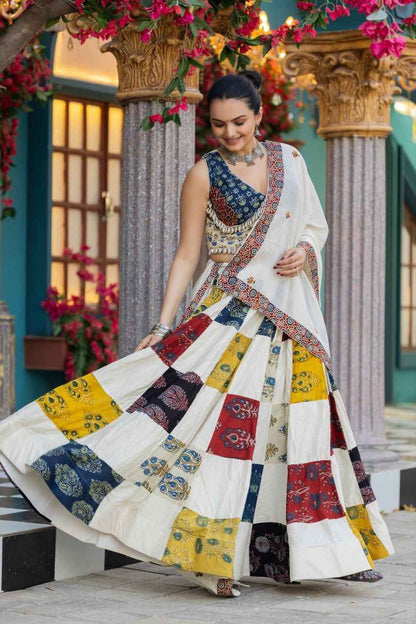 Multicolor Pure Cotton Ajrakh Natural Hand Block Printed Navratri Lehenga Choli