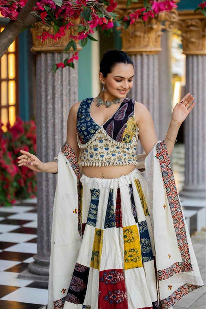 Multicolor Pure Cotton Ajrakh Natural Hand Block Printed Navratri Lehenga Choli