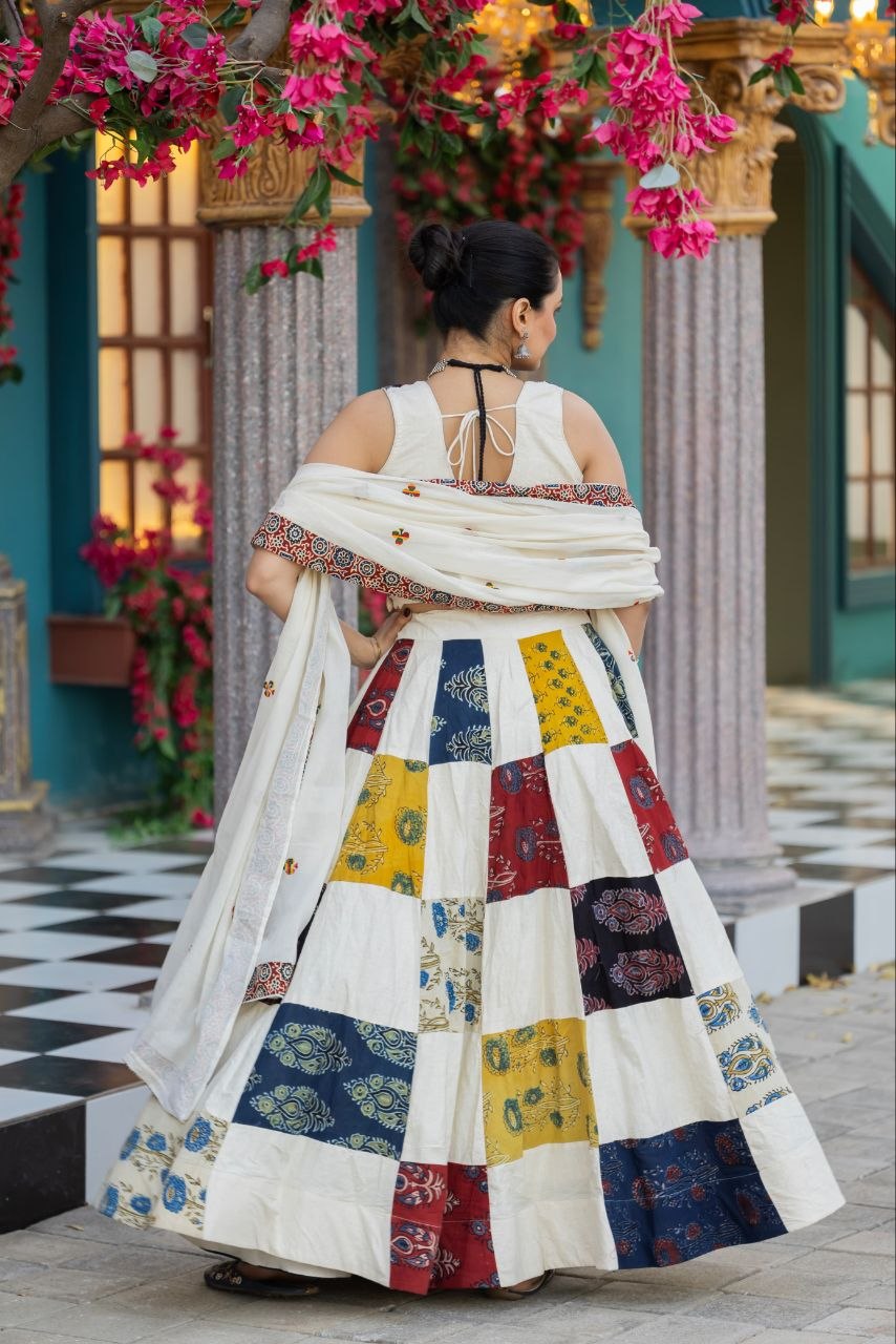 Multicolor Pure Cotton Ajrakh Natural Hand Block Printed Navratri Lehenga Choli