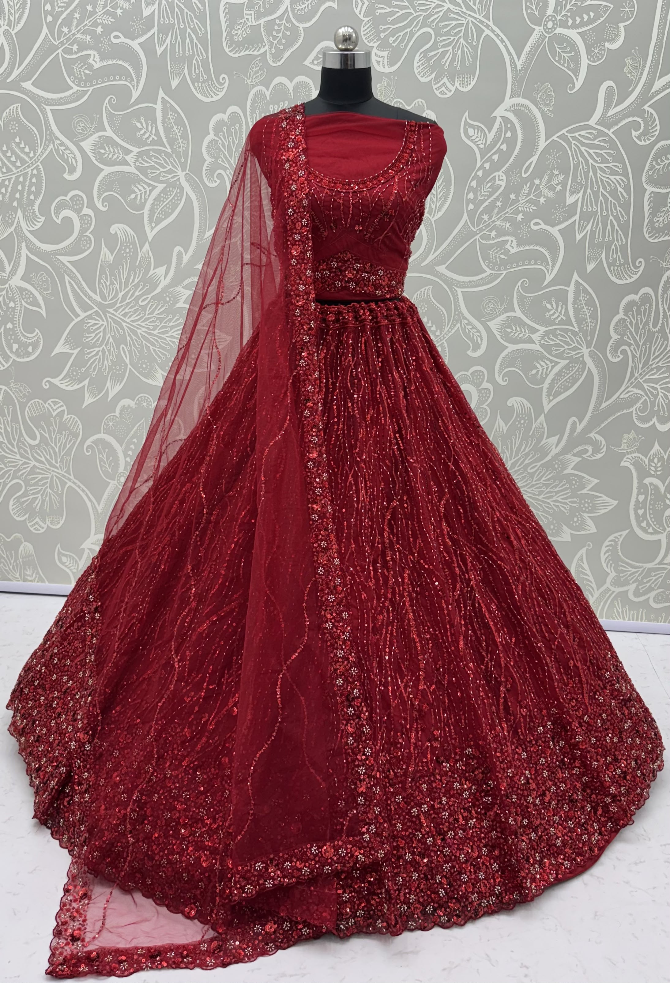 Red Pure Heavy Net Monochrome Sequins Zari Embroidery Work Net Bridal Lehenga Choli