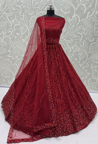 Red Pure Heavy Net Monochrome Sequins Zari Embroidery Work Net Bridal Lehenga Choli
