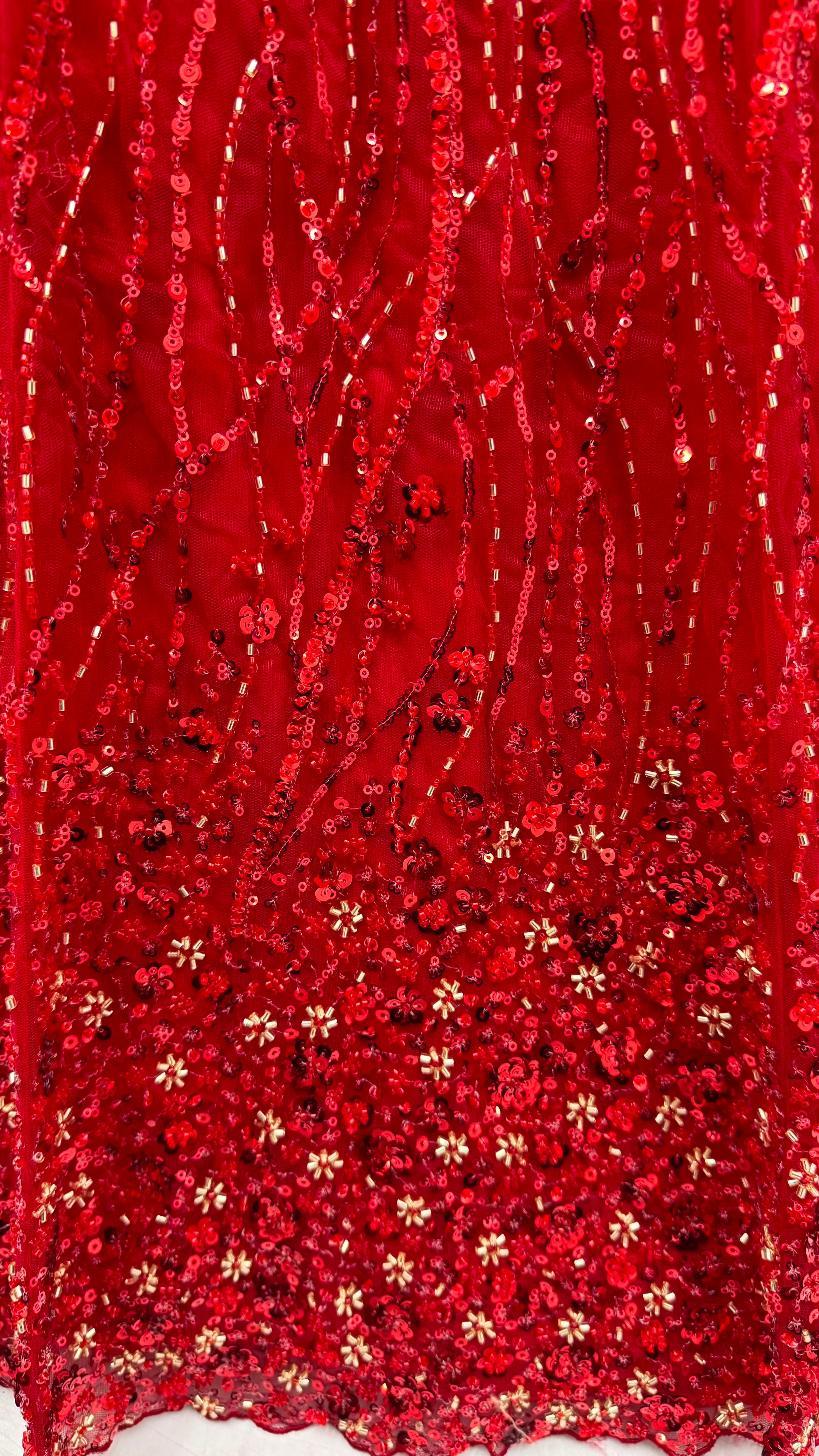 Red Pure Heavy Net Monochrome Sequins Zari Embroidery Work Net Bridal Lehenga Choli