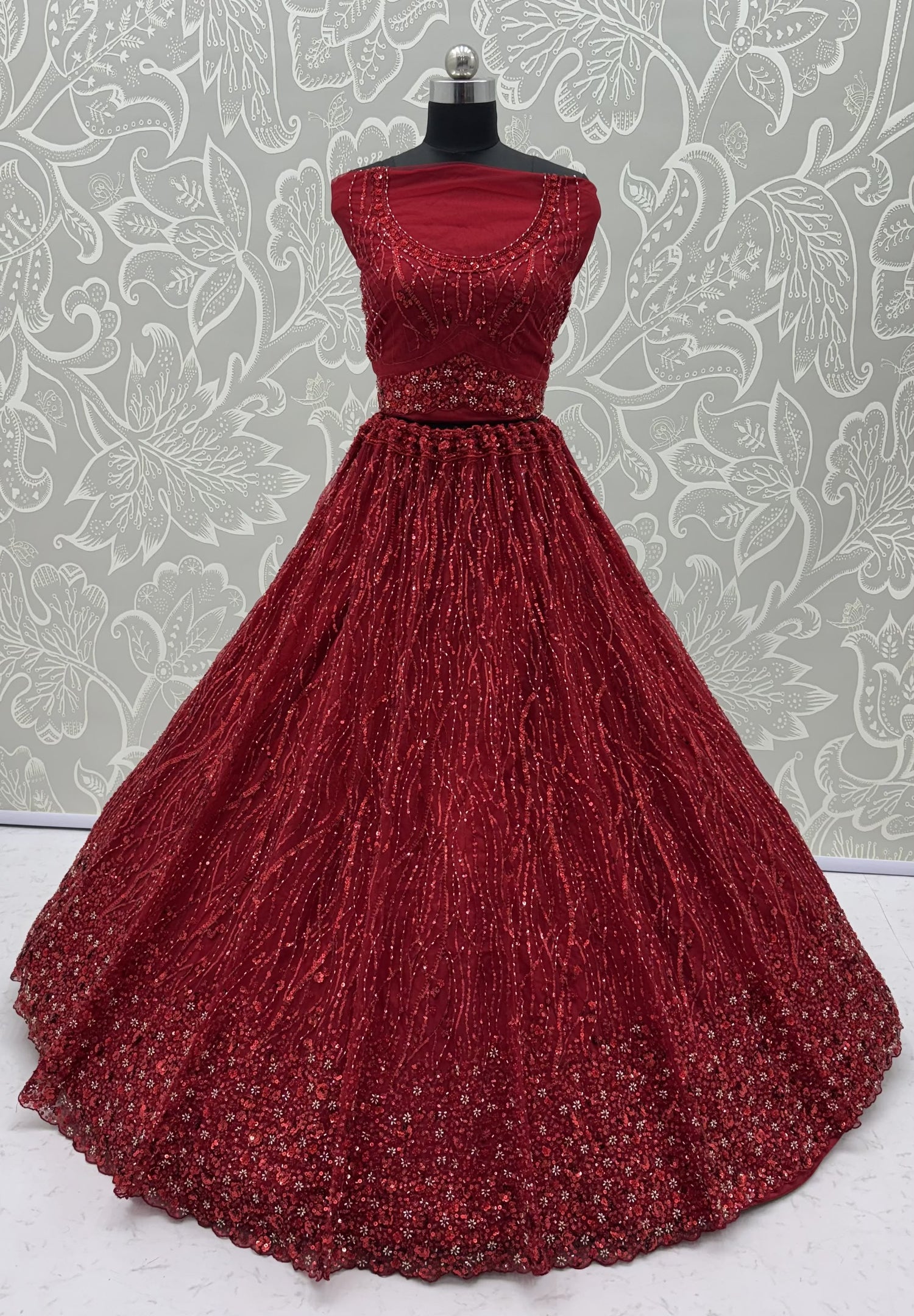 Red Pure Heavy Net Monochrome Sequins Zari Embroidery Work Net Bridal Lehenga Choli