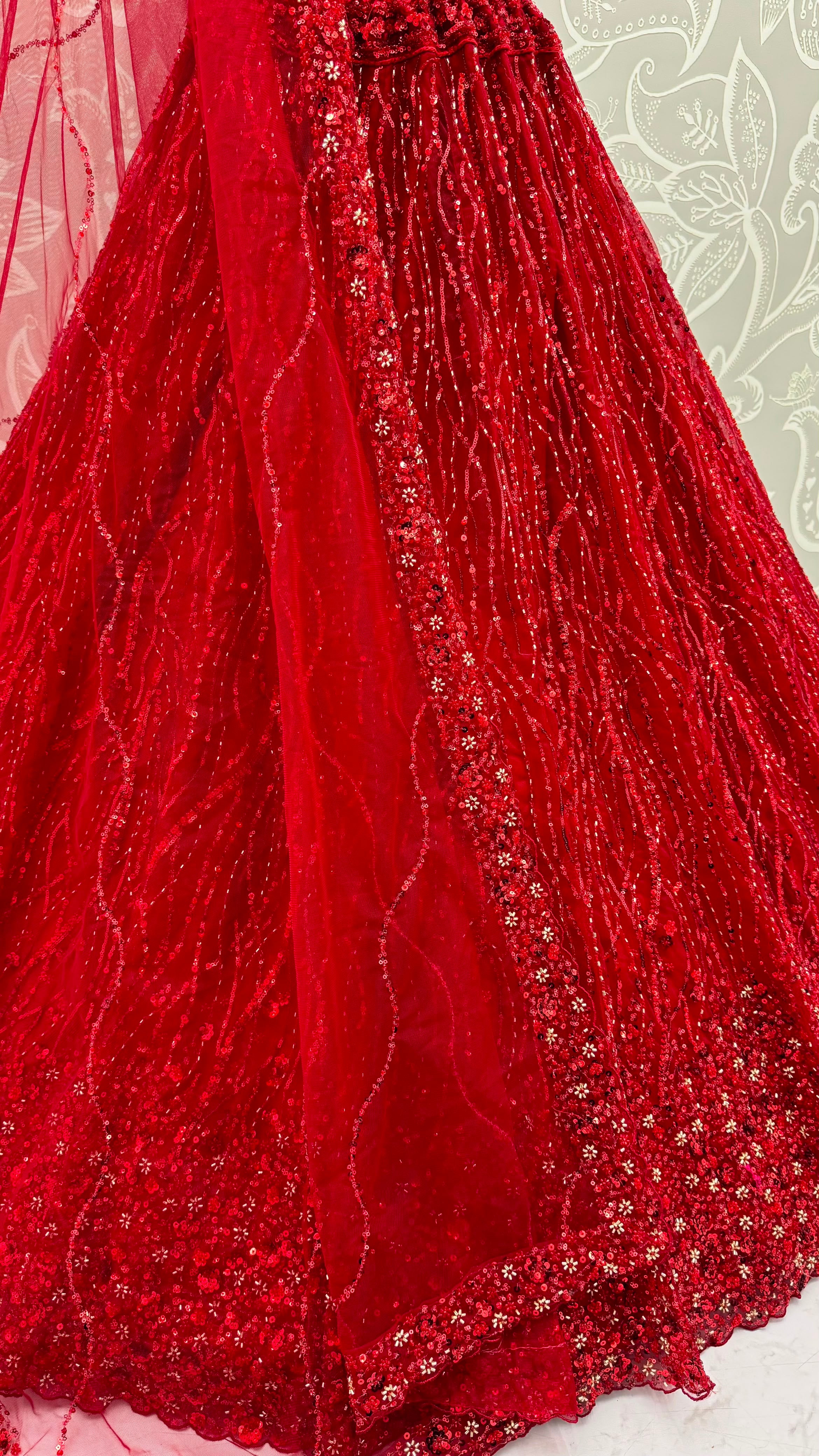 Red Pure Heavy Net Monochrome Sequins Zari Embroidery Work Net Bridal Lehenga Choli