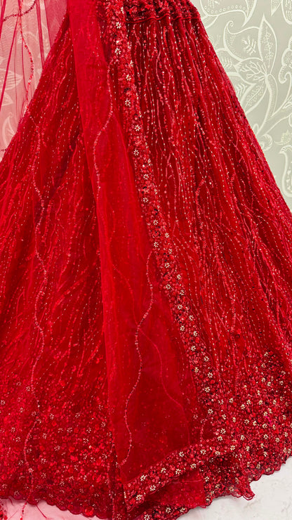 Red Pure Heavy Net Monochrome Sequins Zari Embroidery Work Net Bridal Lehenga Choli