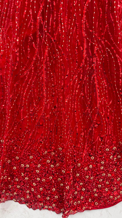 Red Pure Heavy Net Monochrome Sequins Zari Embroidery Work Net Bridal Lehenga Choli