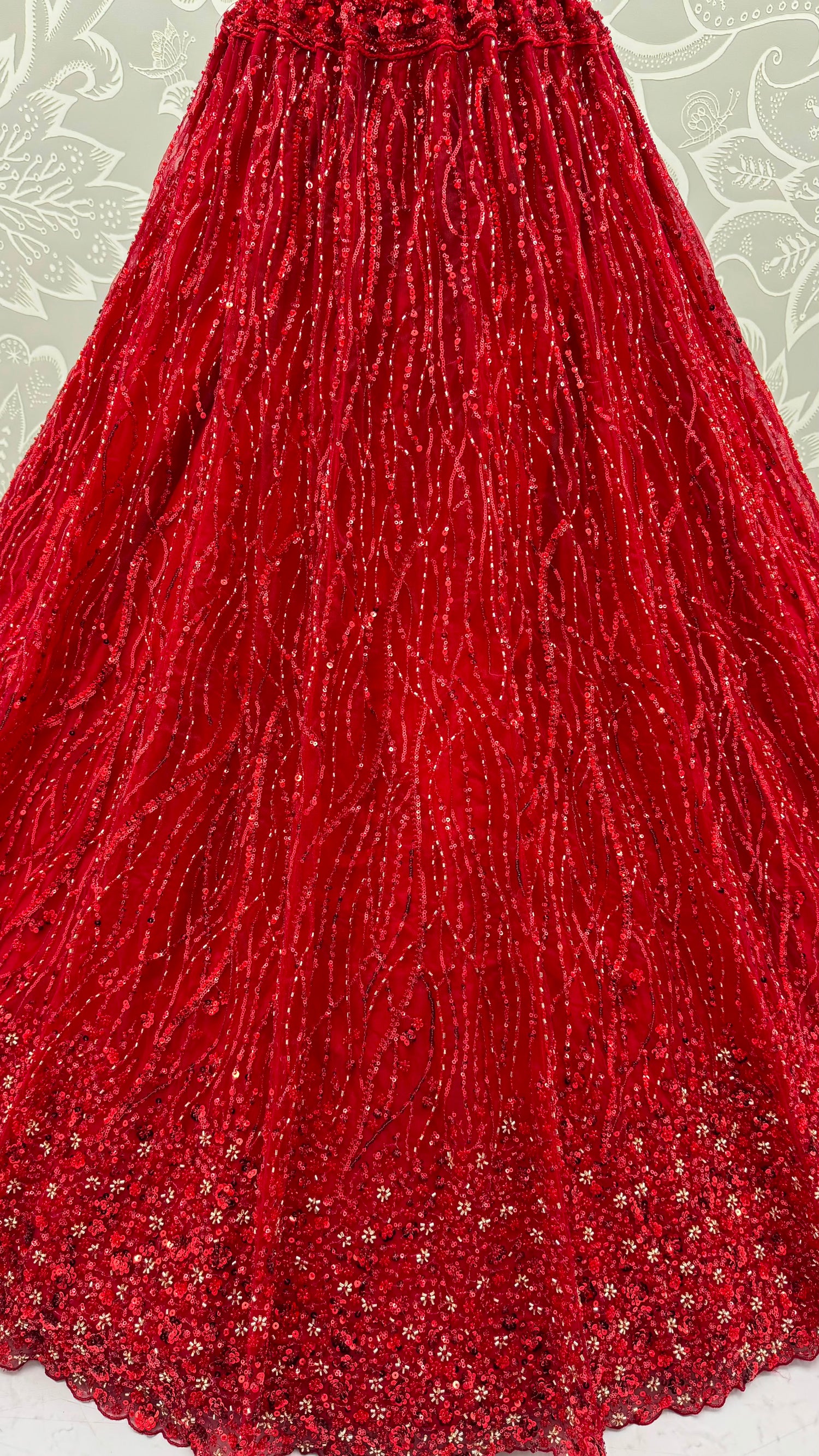 Red Pure Heavy Net Monochrome Sequins Zari Embroidery Work Net Bridal Lehenga Choli