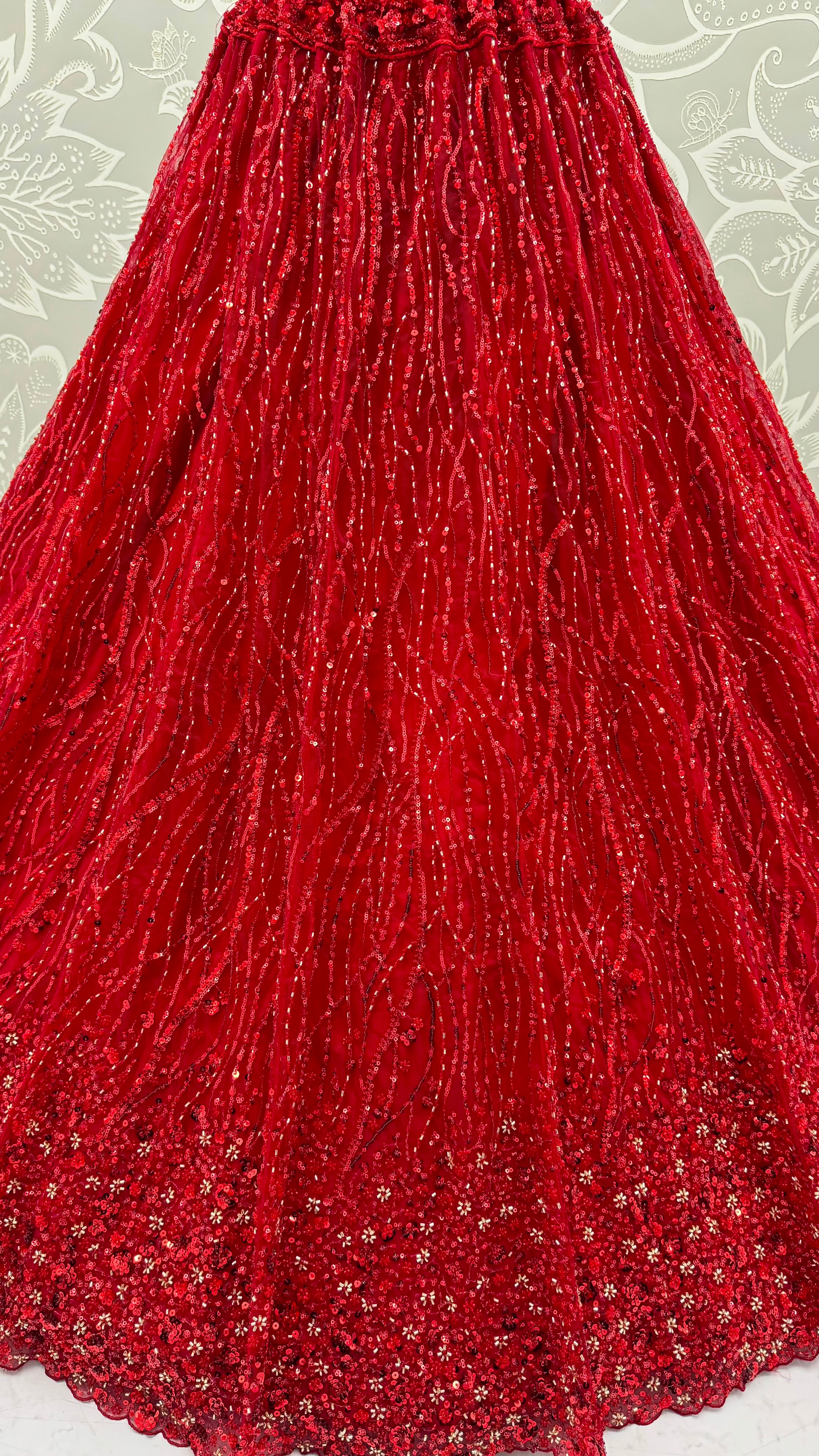 Red Pure Heavy Net Monochrome Sequins Zari Embroidery Work Net Bridal Lehenga Choli