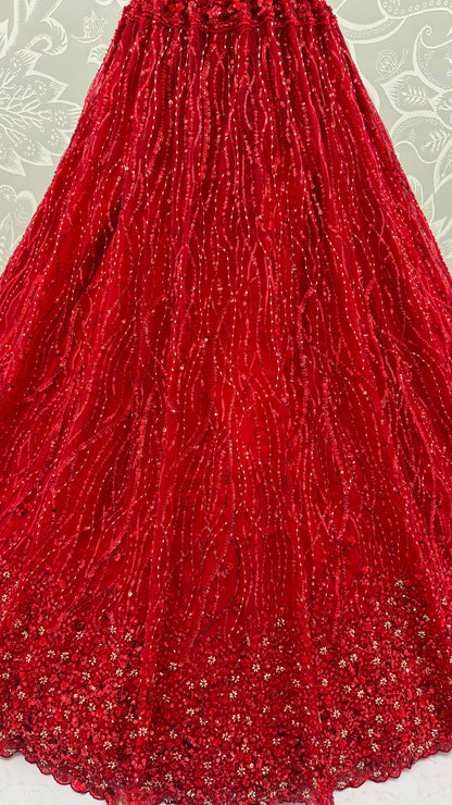 Red Pure Heavy Net Monochrome Sequins Zari Embroidery Work Net Bridal Lehenga Choli