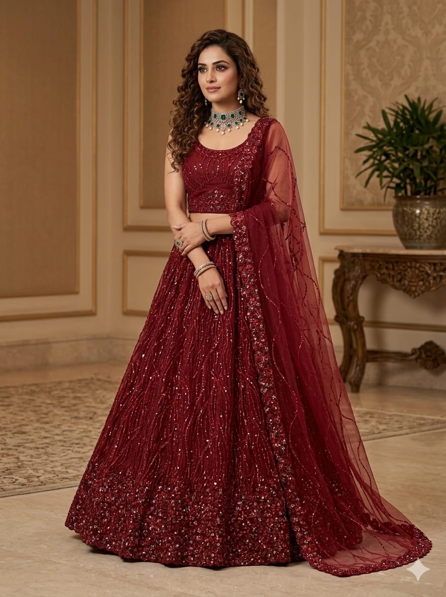 Red Pure Heavy Net Monochrome Sequins Zari Embroidery Work Net Bridal Lehenga Choli