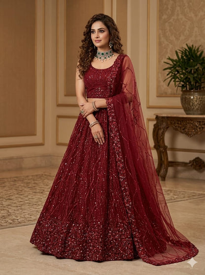 Red Pure Heavy Net Monochrome Sequins Zari Embroidery Work Net Bridal Lehenga Choli