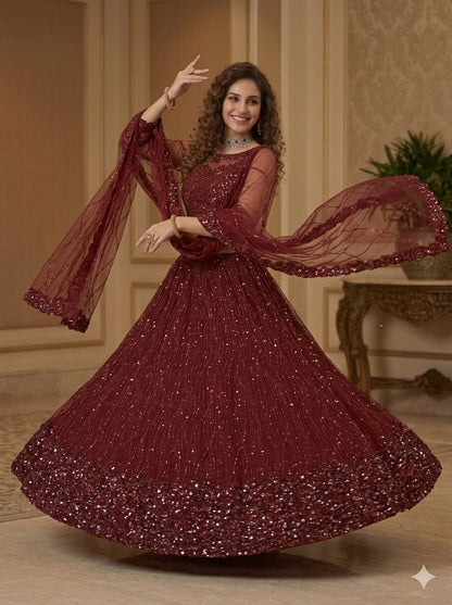 Red Pure Heavy Net Monochrome Sequins Zari Embroidery Work Net Bridal Lehenga Choli