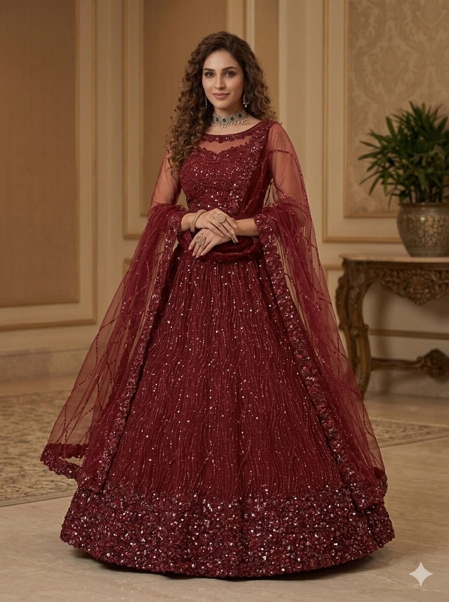 Red Pure Heavy Net Monochrome Sequins Zari Embroidery Work Net Bridal Lehenga Choli