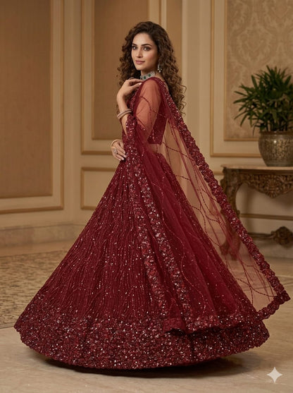 Red Pure Heavy Net Monochrome Sequins Zari Embroidery Work Net Bridal Lehenga Choli