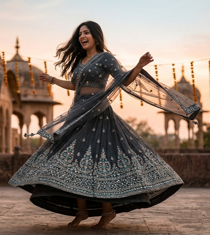 Grey Pure Heavy Net Monochrome Sequins Zari Embroidery Work Net Bridal Lehenga Choli