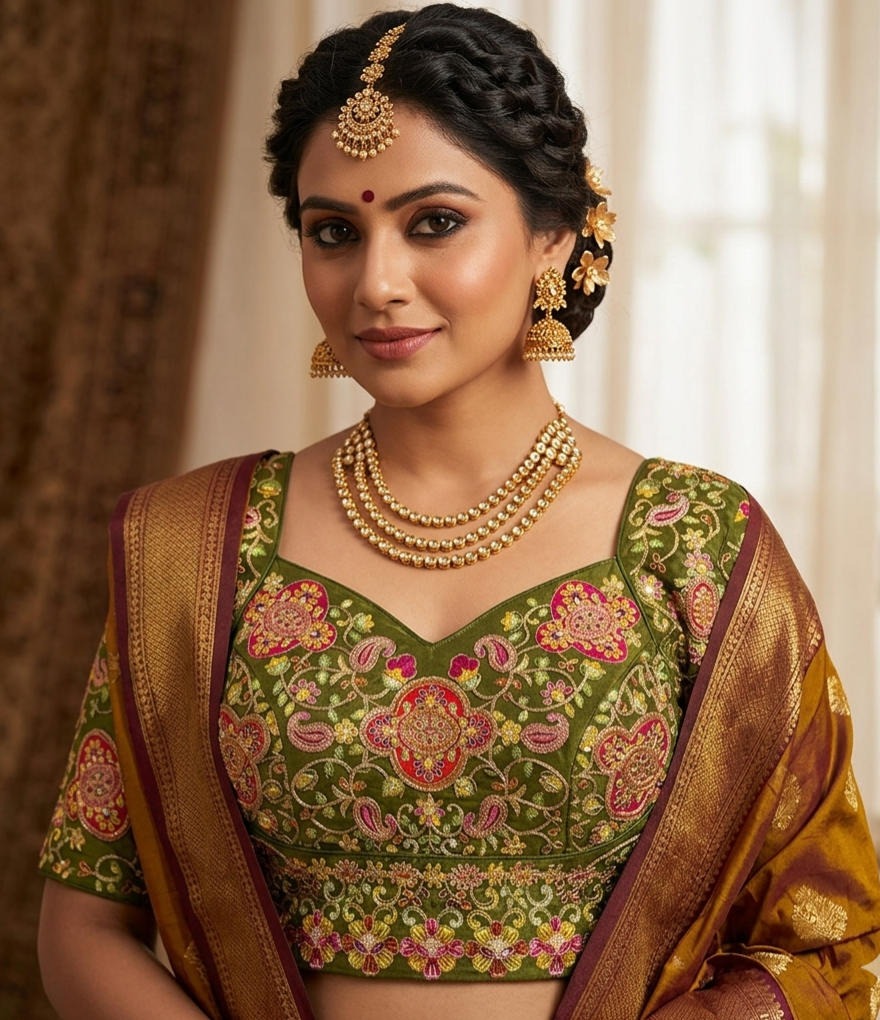 Mehndi Pure Heavy Natural Crape Madhubala Style Bridal Blouse