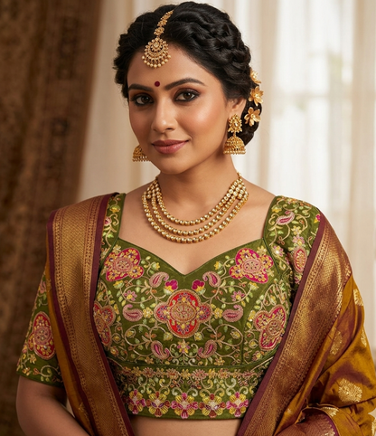 Mehndi Pure Heavy Natural Crape Madhubala Style Bridal Blouse