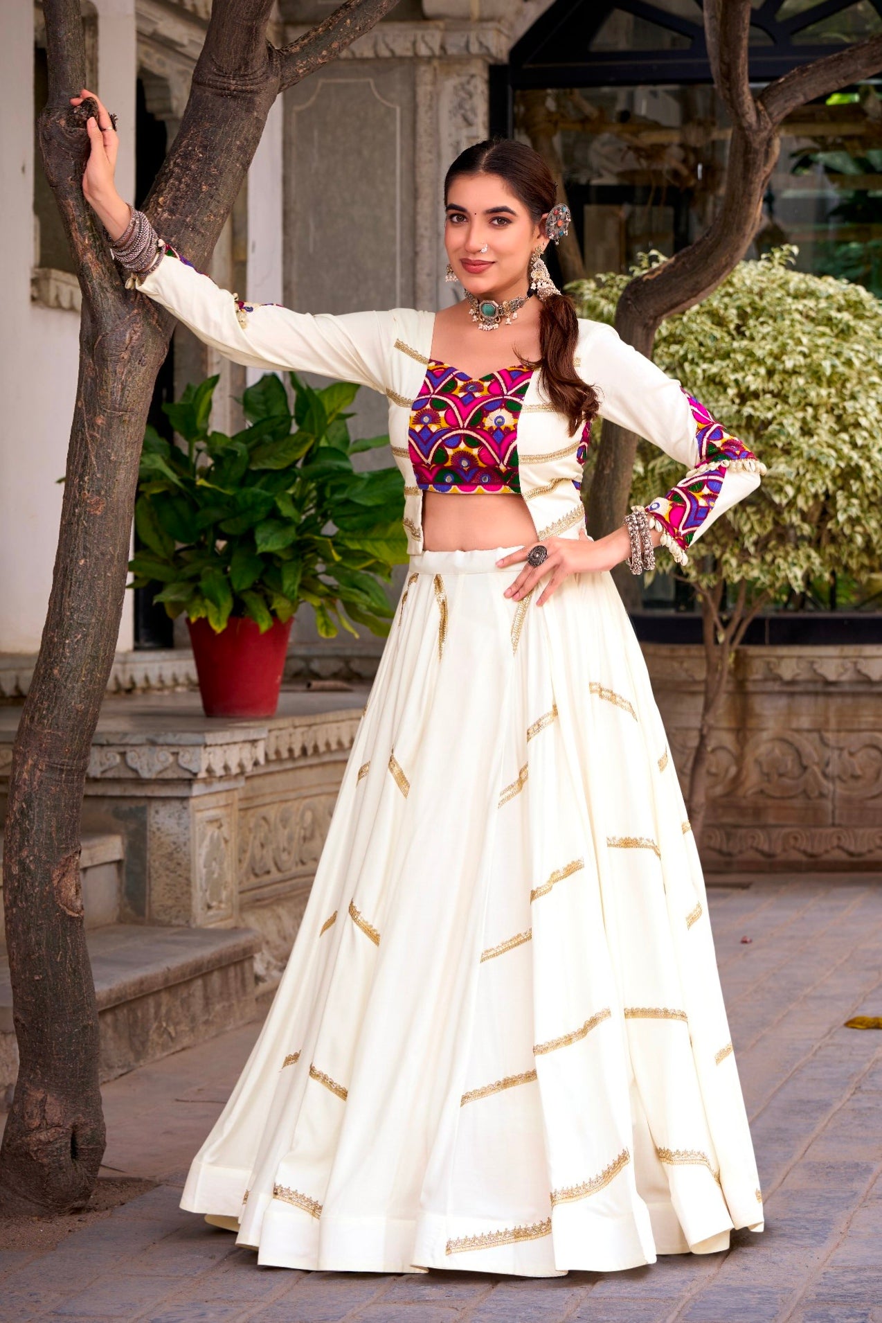 White Pure Rayon Cotton Sequins &amp; Mirror Gamthi Work Navratri Lehenga Choli