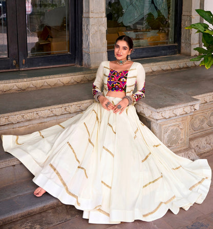 White Pure Rayon Cotton Sequins &amp; Mirror Gamthi Work Navratri Lehenga Choli