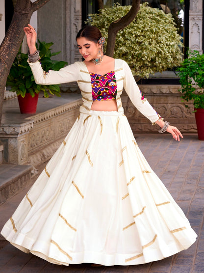White Pure Rayon Cotton Sequins &amp; Mirror Gamthi Work Navratri Lehenga Choli
