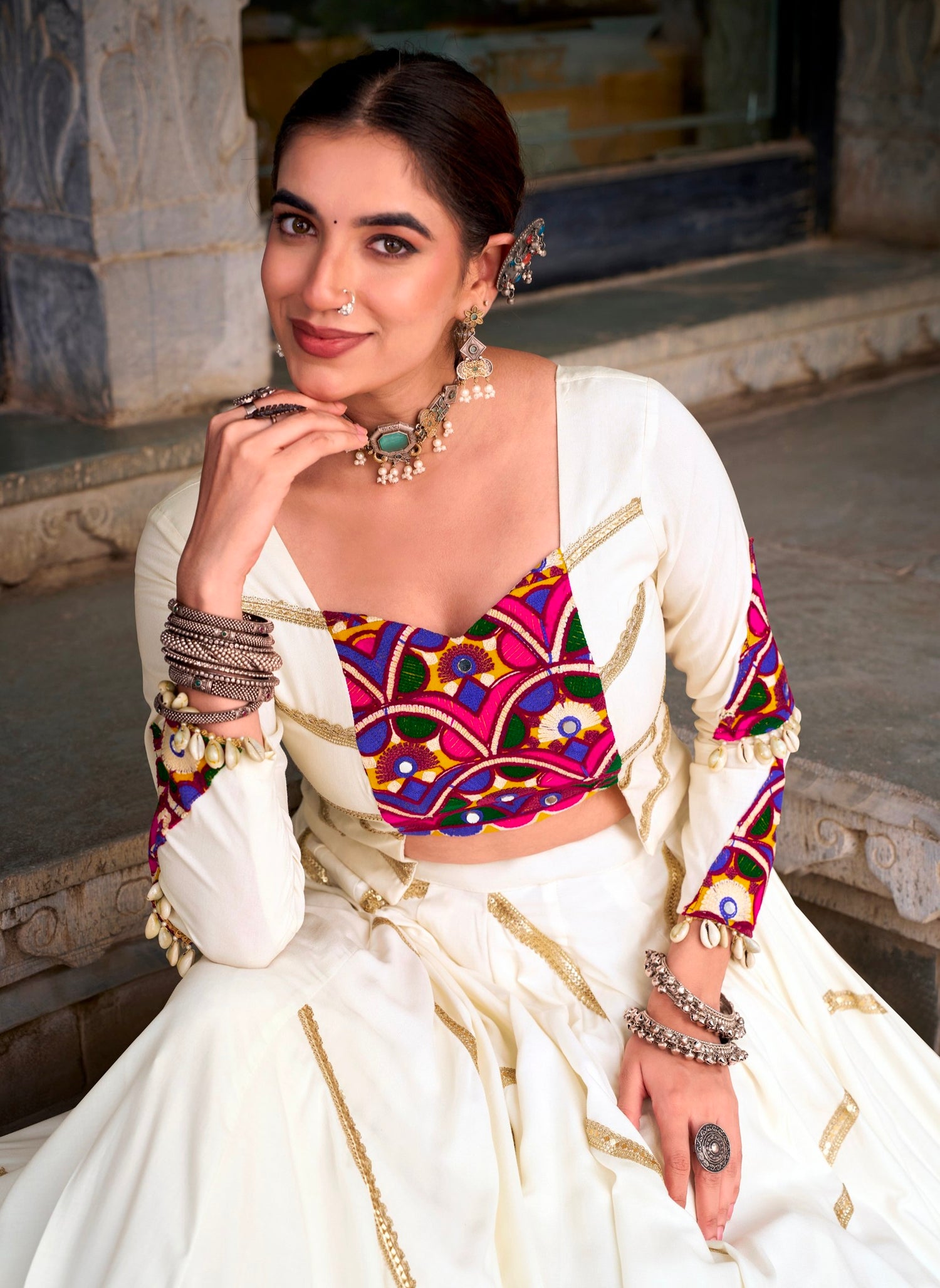 White Pure Rayon Cotton Sequins &amp; Mirror Gamthi Work Navratri Lehenga Choli