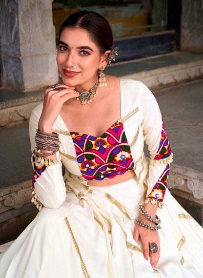 White Pure Rayon Cotton Sequins &amp; Mirror Gamthi Work Navratri Lehenga Choli