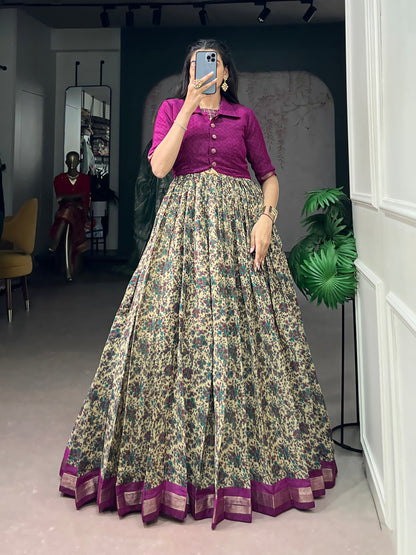 Purple Pure Polyester Viscose Chanderi Cotton Printed Anarkali Long Gown