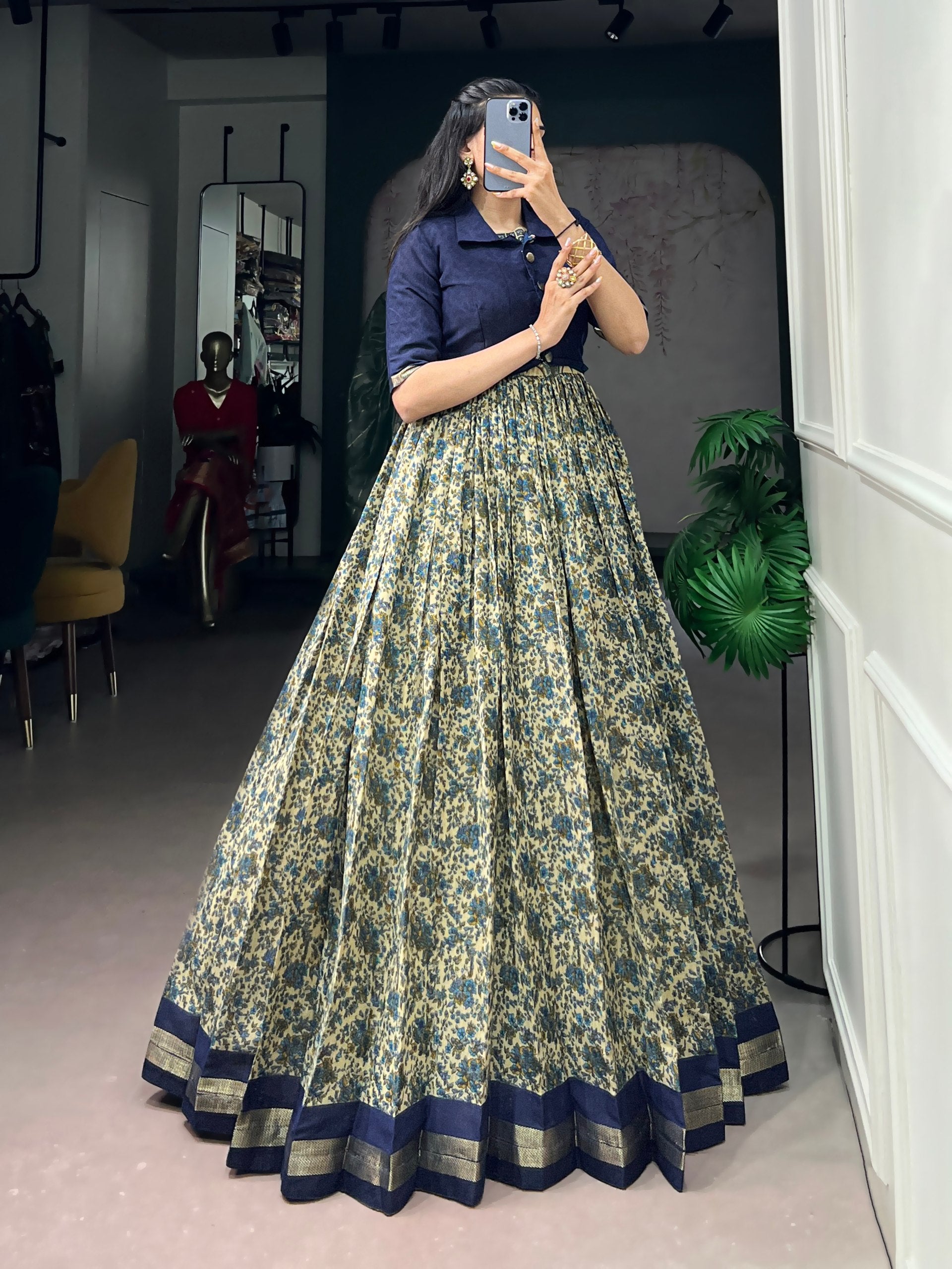 Navy Blue Pure Polyester Viscose Chanderi Cotton Printed Anarkali Long Gown