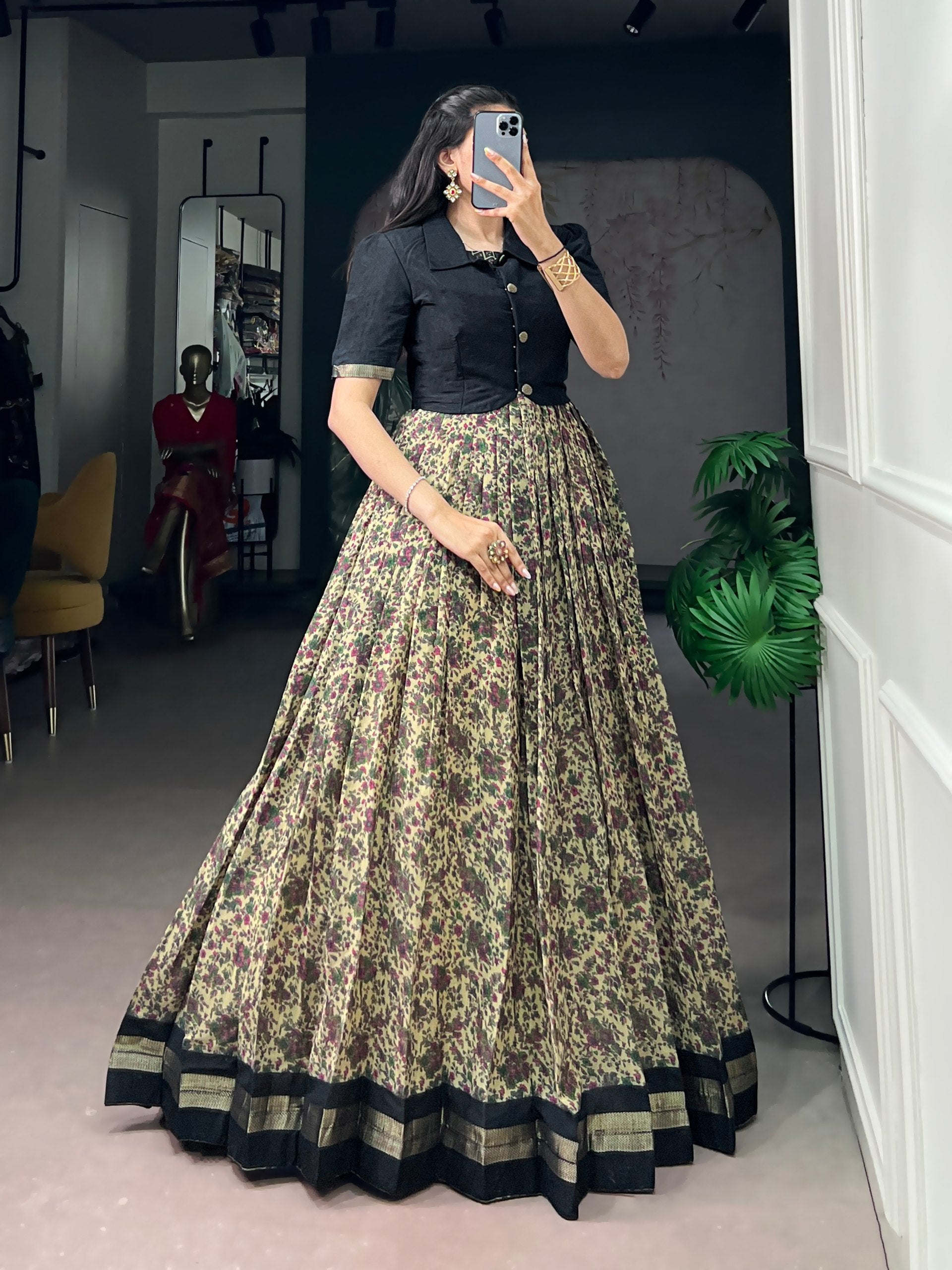 Black Pure Polyester Viscose Chanderi Cotton Printed Anarkali Long Gown