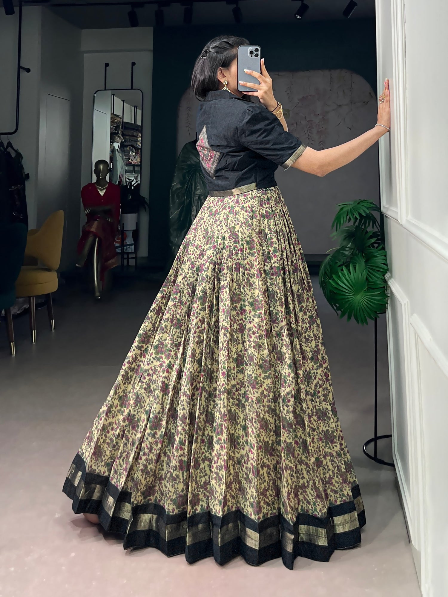 Black Pure Polyester Viscose Chanderi Cotton Printed Anarkali Long Gown