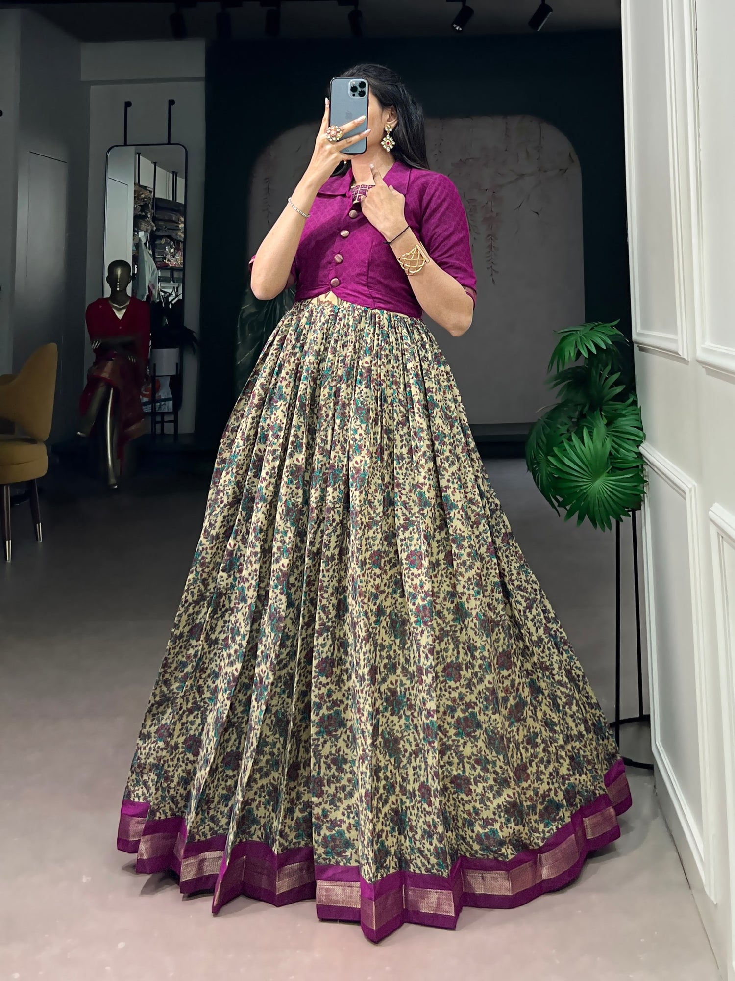 Purple Pure Polyester Viscose Chanderi Cotton Printed Anarkali Long Gown