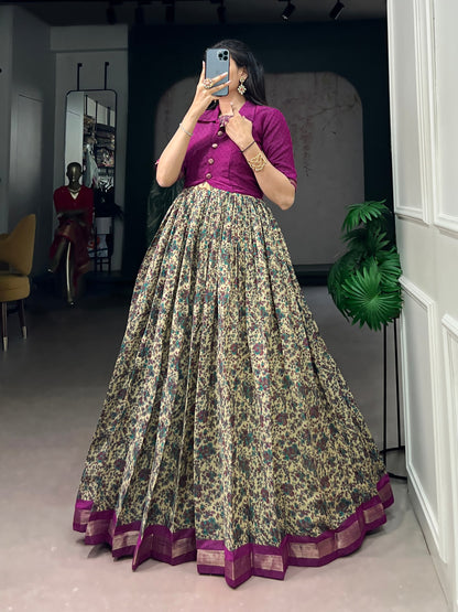 Purple Pure Polyester Viscose Chanderi Cotton Printed Anarkali Long Gown