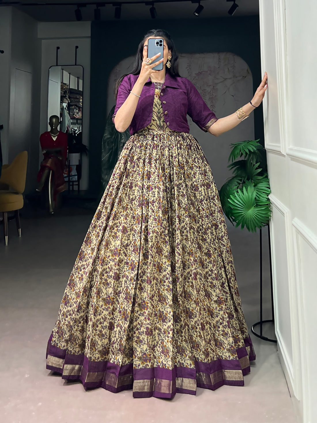 Wine Pure Polyester Viscose Chanderi Cotton Printed Anarkali Long Gown