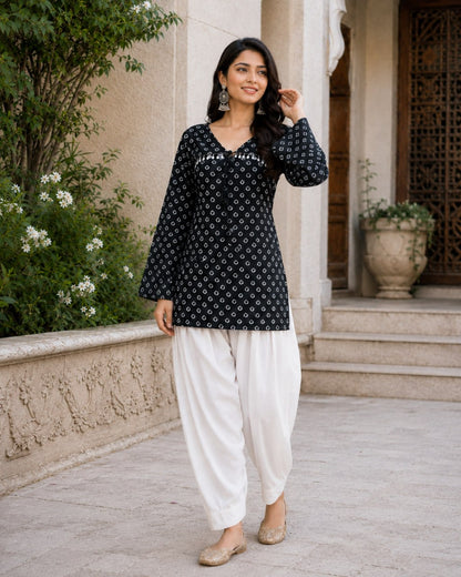 Black Pure Cotton With Bandhej Print Readymade Kurti With Top