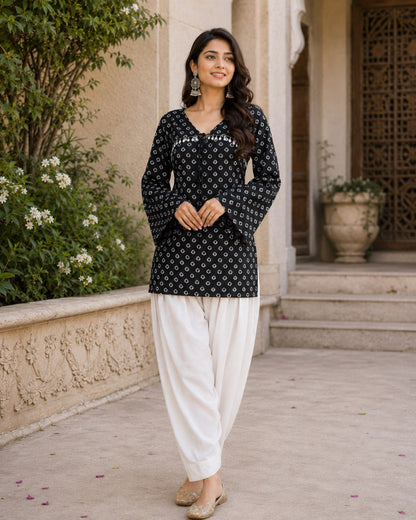 Black Pure Cotton With Bandhej Print Readymade Kurti With Top