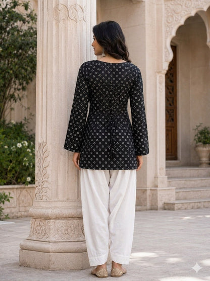 Black Pure Cotton With Bandhej Print Readymade Kurti With Top