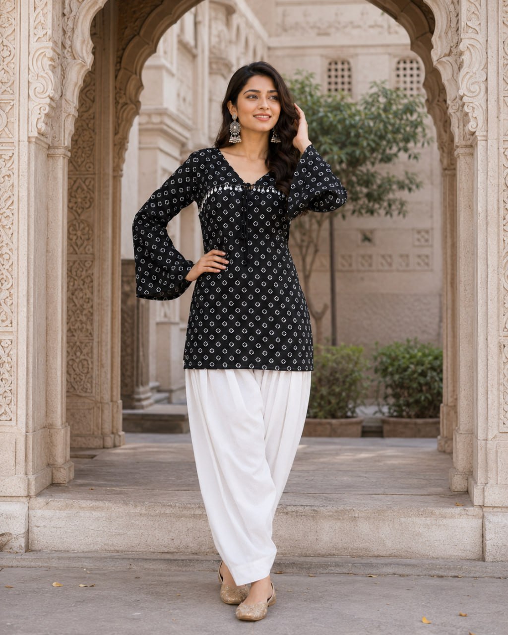 Black Pure Cotton With Bandhej Print Readymade Kurti With Top