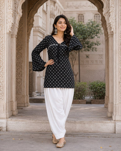 Black Pure Cotton With Bandhej Print Readymade Kurti With Top